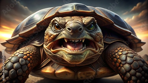 Furrowed brow creases the turtle's face, bared teeth glint in the light, and menacing eyes burn with fury, radiating an aura of intense, uncontrollable rage. photo