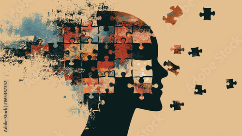 Silhouette of Human Head with Jigsaw Puzzle Pieces Splitting Apart, Representing Mental Health Issues, Dementia, Memory Loss, and Cognitive Decline