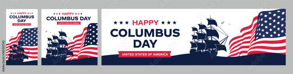 Happy Columbus day logo, banner with USA Flag and Sillhouette of Sunset Ship. Old marine navy vessel, America flag colors, celebrate Christopher Columbus discover America vector illustration. Happy Columbus day logo, banner with USA Flag and Sillhouette of Sunset Ship. Old marine navy vessel, America flag colors, celebrate Christopher Columbus discover America vector illustration.