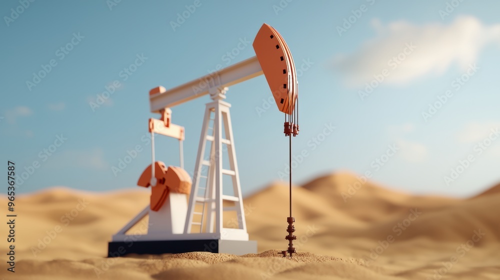 Fototapeta premium Futuristic Digital Oil Well Holographic Drilling Interface in Arid Desert Landscape - with Copy Space and Selective Focus