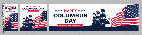 Happy Columbus day logo, banner with USA Flag and Sillhouette of Sunset Ship. Old marine navy vessel, America flag colors, celebrate Christopher Columbus discover America vector illustration.
