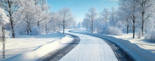 Endless road, snowy path, winter wonderland, 3D illustration