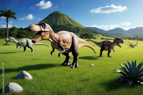 Dinosaurs Roaming the Triassic Epoch in Lush Green Fields Under Clear Blue Skies photo