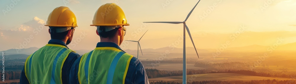 Two engineers in safety gear observe a wind farm at sunset, highlighting renewable energy sources and sustainable technologies in a scenic landscape Two engineers in safety gear observe a wind farm at sunset, highlighting renewable energy sources and sustainable technologies in a scenic landscape
