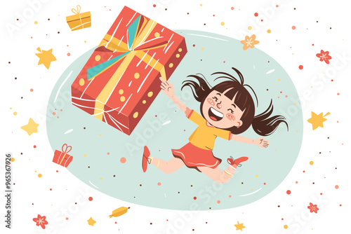 Joyful Young Girl Leaping by a Huge Birthday Present, Celebrating with Excitement, Festive Banner Design