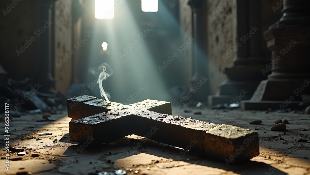 A tarnished pewter cross among cathedral ruins backlit by sunlight smoke curling A tarnished pewter cross among cathedral ruins backlit by sunlight smoke curling