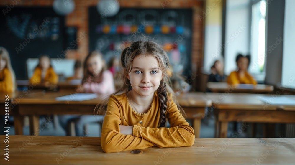 cute schoolgirl sitting at the desk, smiling, looking at the camera during the lesson cute schoolgirl sitting at the desk, smiling, looking at the camera during the lesson