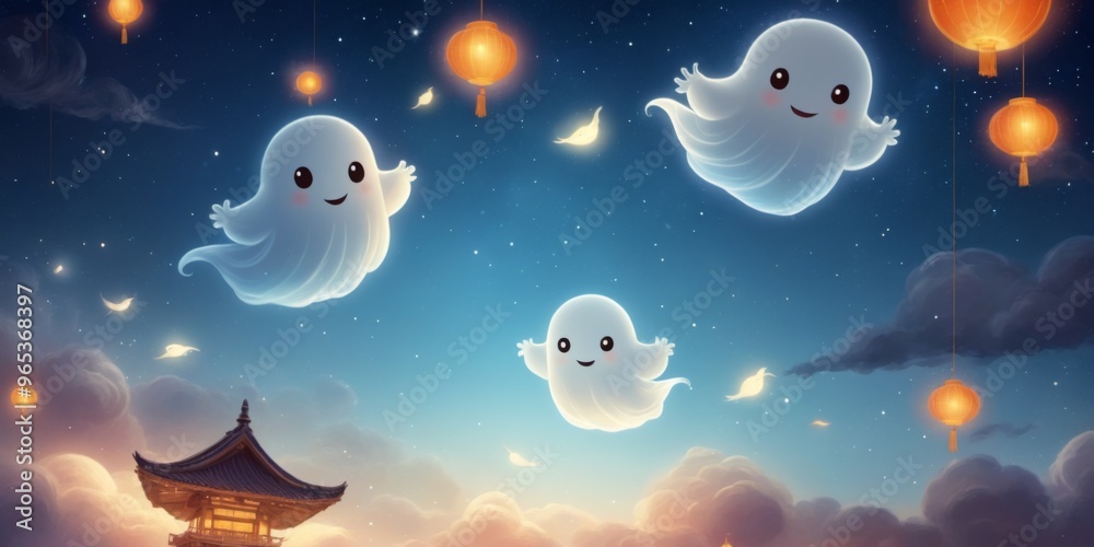 Happy white ghosts floating among stars and planets in the night Happy white ghosts floating among stars and planets in the night