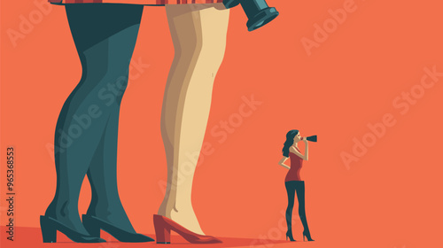 Small Man Looking Through Binoculars at Huge Woman's Legs, Symbolizing Inequality, Hierarchy, and Subordination at Work