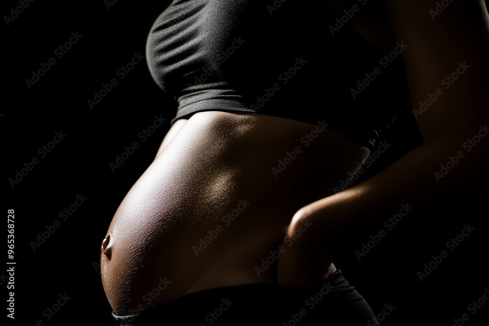 Obraz premium Fit woman with defined belly and abs, close-up detail on dark background, perfect for fitness and wellness concepts Generative AI
