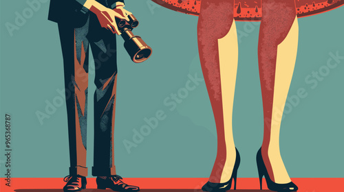 Small Man Looking Through Binoculars at Huge Woman's Legs, Symbolizing Inequality, Hierarchy, and Subordination at Work