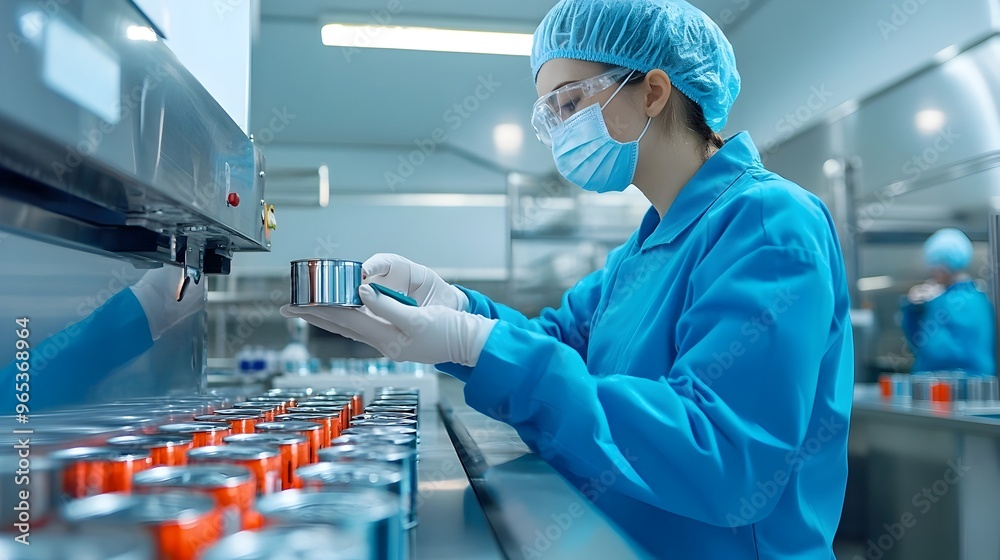 Factory Worker Conducting Final QC Check on Sealed Fish Cans Before Shipment Factory Worker Conducting Final QC Check on Sealed Fish Cans Before Shipment