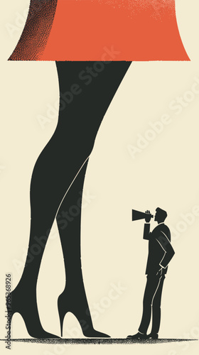 Small Man Looking Through Binoculars at Huge Woman's Legs, Symbolizing Inequality, Hierarchy, and Subordination at Work