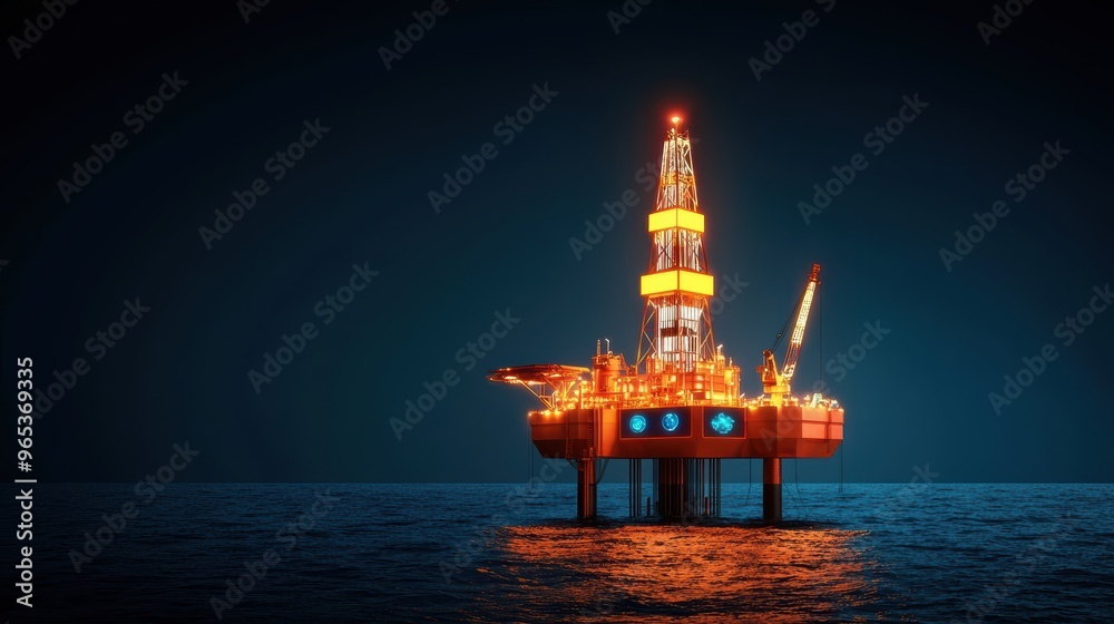 Obraz premium Futuristic AI-Controlled Oil Rig in Oceanic Environment with Holographic Interfaces - with Copy Space