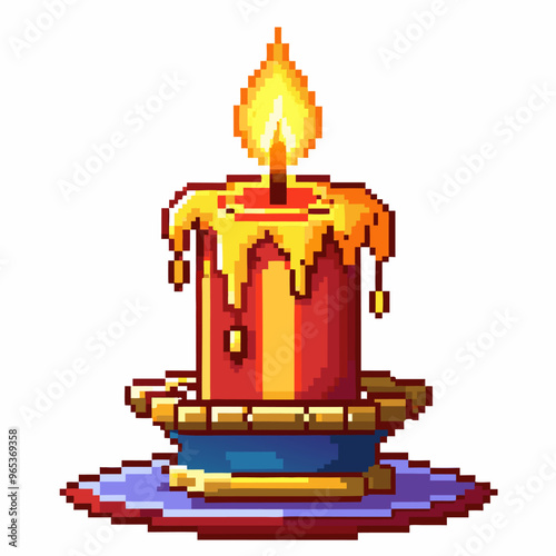 Vintage Pixel Art Melting Candle on Colorful Plate