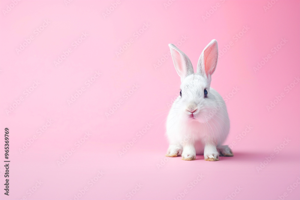Fototapeta premium Adorable white bunny on a soft pink background, perfect for Easter, springtime, or cute promotions.