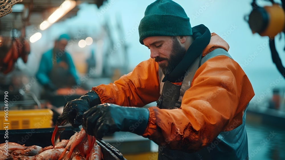 Fishery Worker Unloading Fresh Caught Fish at Dock for Canning Process Fishery Worker Unloading Fresh Caught Fish at Dock for Canning Process