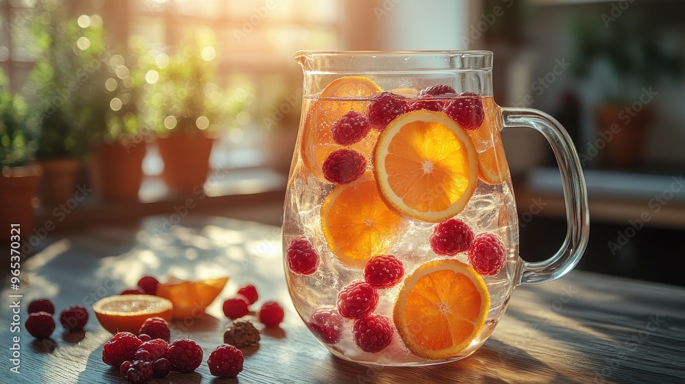 Hyper-Realistic Close-Up of a Glass Pitcher of Water with Orange Slices and Berries on a Sunlit Kitchen Counter, Captured in High-Resolution with Professional Color Grading