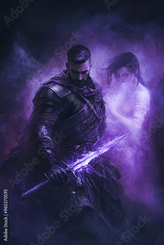 A strong looking mage in his thirties with a short beard, wielding a short sword glowing with dark purple energy