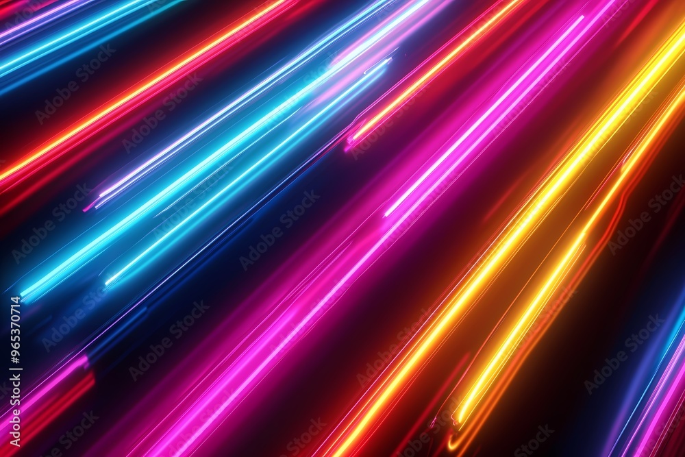 Vibrant neon light streaks in shades of blue, pink, and yellow create a dynamic scene. Vibrant neon light streaks in shades of blue, pink, and yellow create a dynamic scene.