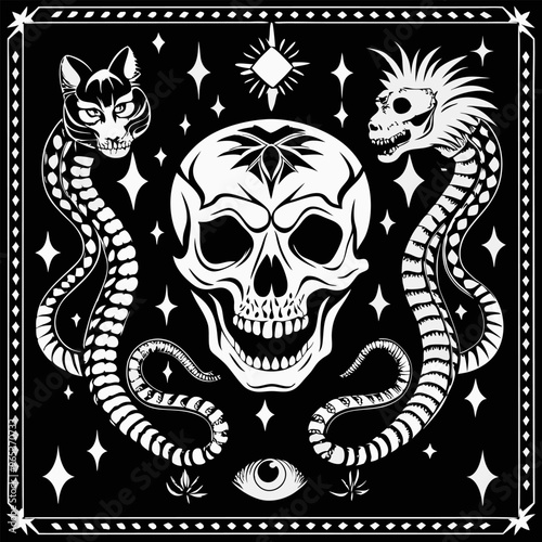 Gothic Skull and Serpents with Cosmic Motifs in Monochrome Design