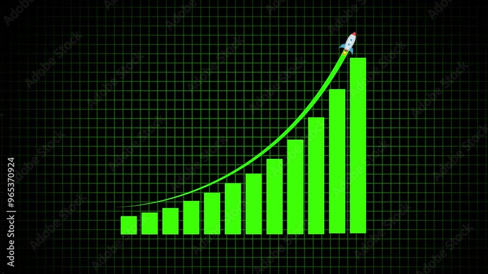 Business graph chart with growing business concept. Arrow Rising On Graph With rocket Sale Symbols. Abstract business growth and graph chart icon animation background. Profit, Business Success icon.