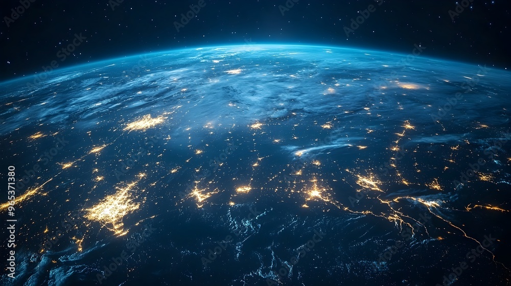 Obraz premium Futuristic Satellite Laser Communication Spanning the Globe with Glowing Beams