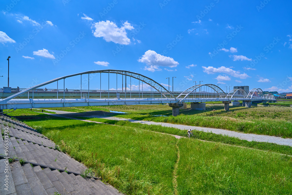 東京都調布市上布田町付近の多摩川河川敷から多摩川原水道橋、多摩川原橋と矢野口方面を見る