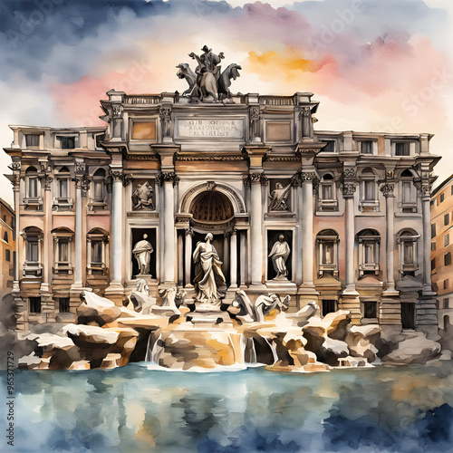 Roma, fontana di Trevi, acquerello