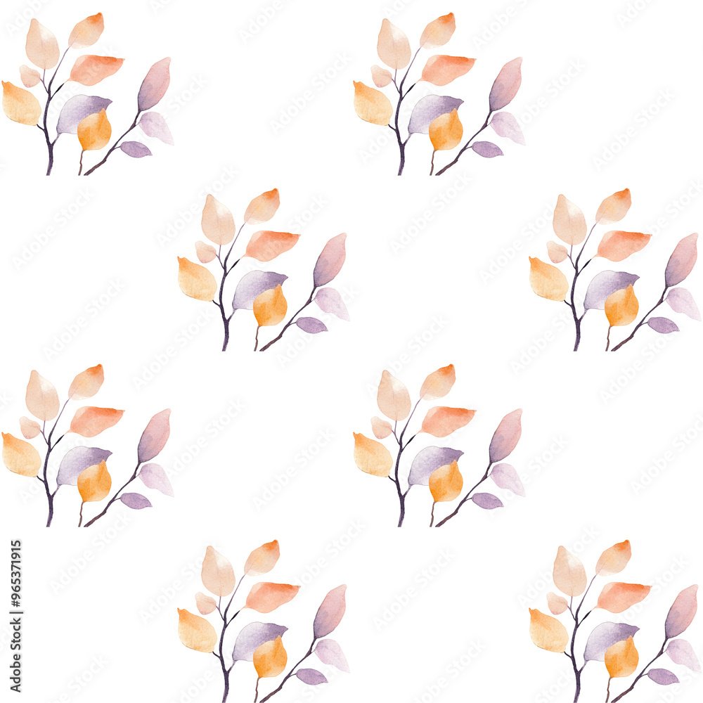 Seamless watercolour pattern, checkerboard pattern of leaves branches, autumn leaves branches, violet pastel colours leaf, perfect for design Seamless watercolour pattern, checkerboard pattern of leaves branches, autumn leaves branches, violet pastel colours leaf, perfect for design