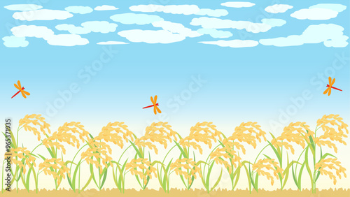 青空と稲・稲穂の秋の背景イラスト　アスペクト比16：9バージョン