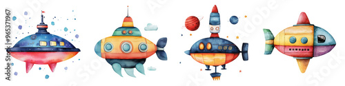 Colorful and playful submarines in a whimsical design, perfect for children's art projects and underwater themes. photo