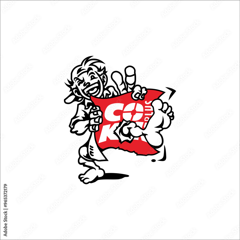 Fototapeta premium Teenage boy punches a hole in a paper that says cokor plus. This can be used as a design