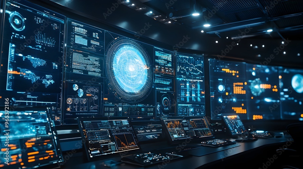 Fototapeta premium Futuristic Weather Control Center with Real Time Data Monitoring and Forecasting