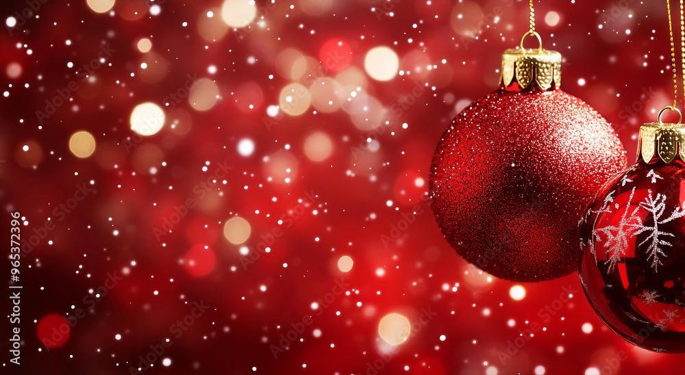 Red christmas balls and twinkle lights background, christmas holiday atmosphere 