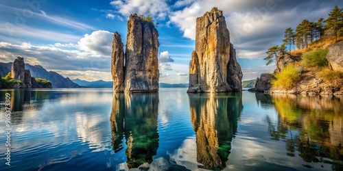 Two towering pillars of rock rise vertically from a tranquil lake, balanced precariously on a minuscule point at the water's surface tension. photo