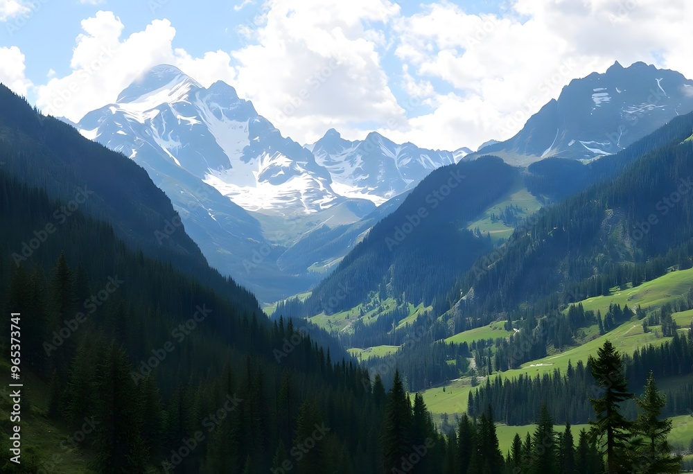 Green valley surrounded by towering, snow-capped mountains under a clear blue sky. Green valley surrounded by towering, snow-capped mountains under a clear blue sky.