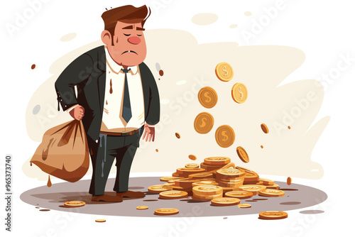 Foolish Businessman Holds Leaking Bag of Coins, Symbolizing Economic Crisis, Recession, Bankruptcy, and Financial Mismanagement