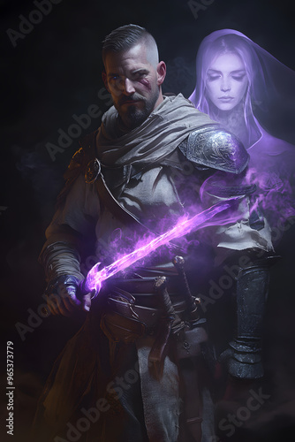 A strong looking mage in his thirties with a short beard, wielding a short sword glowing with dark purple energy