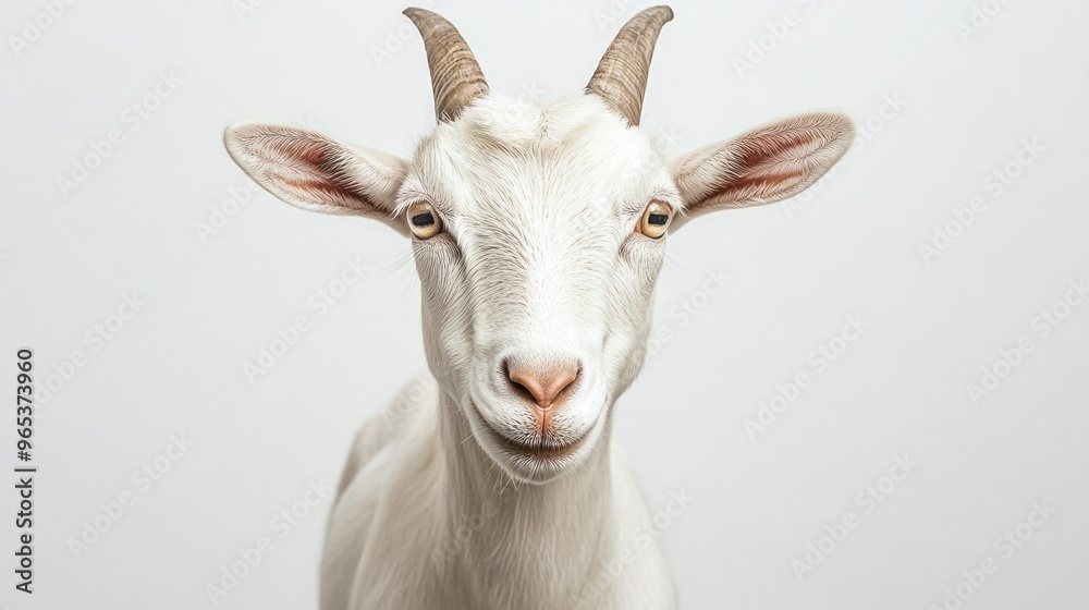 Close-up Portrait of a White Goat with Horns Close-up Portrait of a White Goat with Horns