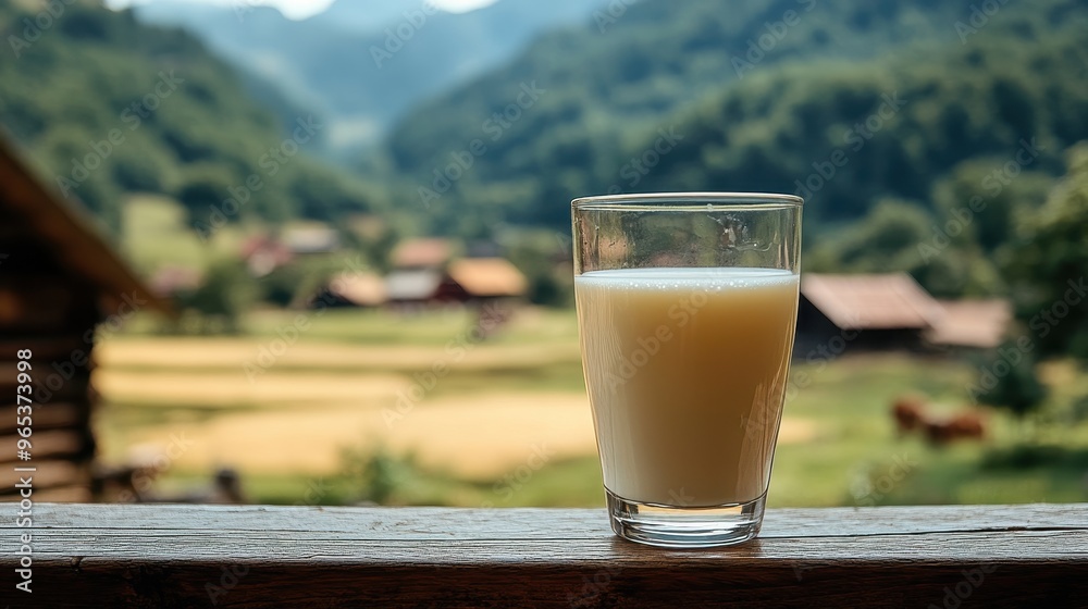 Realistic Photo of a Glass of Milk on a Windowsill with a Blurred Summer Landscape of an Old Wooden House, Green Mountains, Fields, and Forest on a Sunny Day Realistic Photo of a Glass of Milk on a Windowsill with a Blurred Summer Landscape of an Old Wooden House, Green Mountains, Fields, and Forest on a Sunny Day