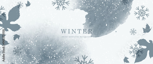 Winter watercolor botanical illustration with various leaves and snowflakes. Vector illustration.