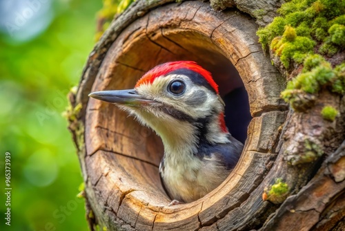 Tiny baby woodpecker cautiously emerges from a knothole, its soft feathers ruffled, big round eyes blinking in the warm sunlight filtering through the leafy branches. photo