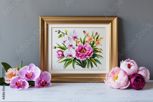 Framed Watercolor Spring Blossom Portrait Featuring Elegant Orchids and Peonies in Vibrant Colors photo