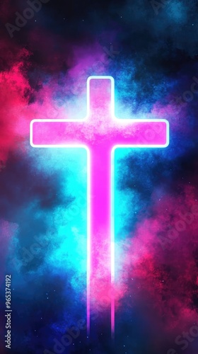 Neon Cross Glowing in Vibrant Colors of Pink and Blue