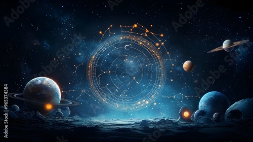 Intricate Zodiac Wheel with Cosmic Celestial Symbols and Planets