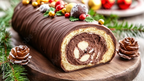 A chocolate and nut roll with decorations on a wooden cutting board, AI photo