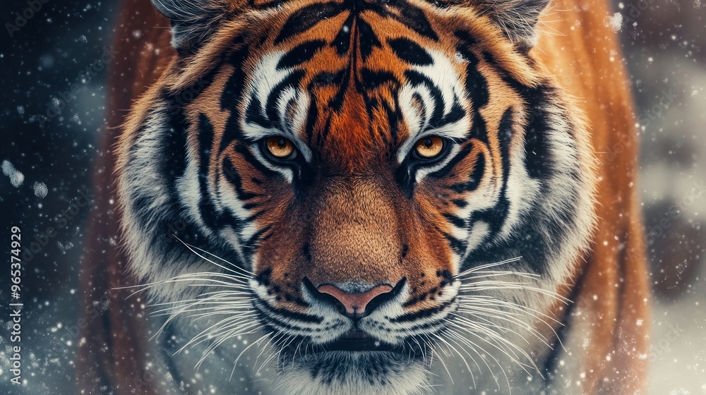 Naklejka premium Close-up of a Tiger's Face in Snowy Weather