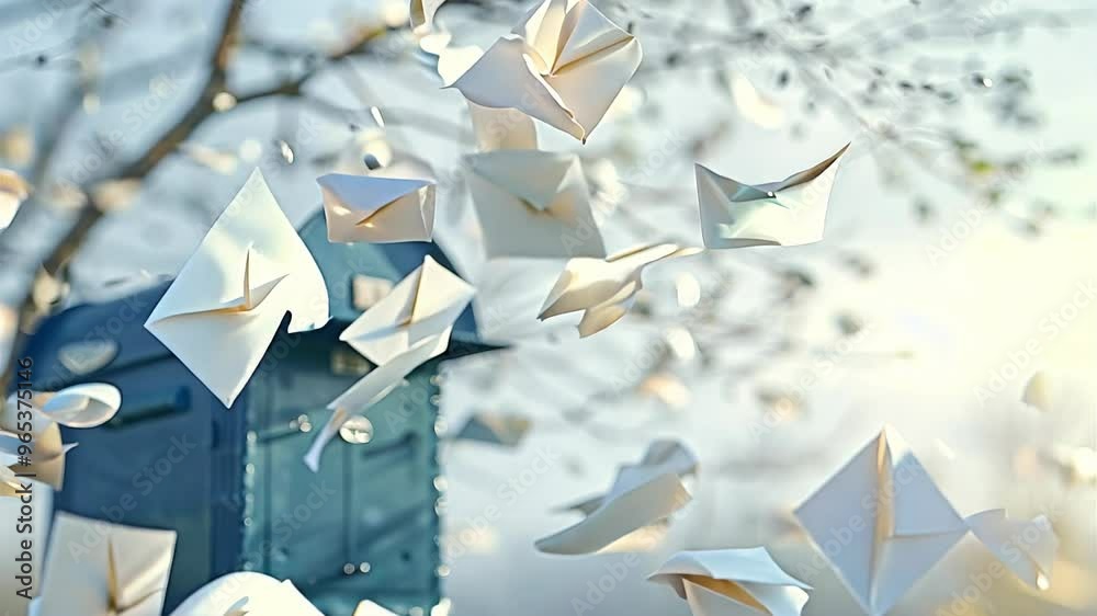 Envelopes Flying in the Wind Near Blue Mailbox in Autumn Scene