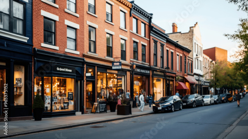 A picturesque street of a small town with brick buildings housing various storefronts. Pedestrians are walking on the sidewalk, and cars are parked along the road during evening time.